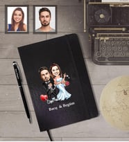 Kişiye Özel Gelin Damat Karikatürlü Siyah Defter Kalem Hediye Seti   Mod-7