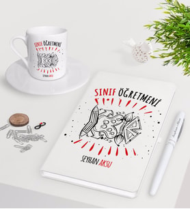 BK Gift Kişiye Özel Sınıf Öğretmeni Beyaz Defter Kalem Türk Kahvesi Fincanı Seti-11 (Model 1)