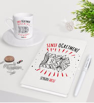 BK Gift Kişiye Özel Sınıf Öğretmeni Beyaz Defter Kalem Türk Kahvesi Fincanı Seti-11 (Model 1)