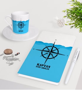 BK Gift Kişiye Özel Kaptan Beyaz Defter Kalem Türk Kahvesi Fincanı Seti-10 (Model 1)