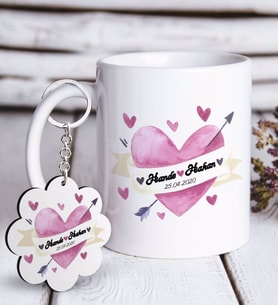 BK Gift Kişiye Özel Sevgililer Günü Beyaz Kupa ve Anahtarlık Hediye Seti-21 (Model 1)