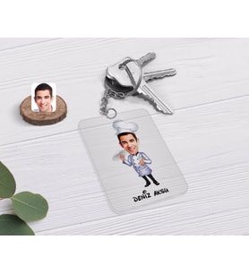 BK Gift Kişiye Özel Erkek Chef Karikatürlü Şeffaf Pleksi Anahtarlık-5 (Beyaz)