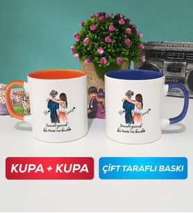 İkili Sevgiliye Hediye Bir Ömür Sevgililer Günü Hediyesi Kupa Bardak Turuncu Lacivert
