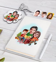 BK Gift Kişiye Özel Yeni Yıl Aile Karikatürlü Beyaz Defter Kalem ve Anahtarlık Hediye Seti-2 (Model 1)