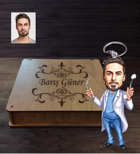 Kişiye Özel Diş Doktoru Karikatürlü Ahşap Anahtarlık Kutulu Bay-1