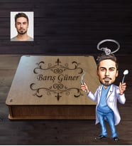 Kişiye Özel Diş Doktoru Karikatürlü Ahşap Anahtarlık Kutulu Bay-1