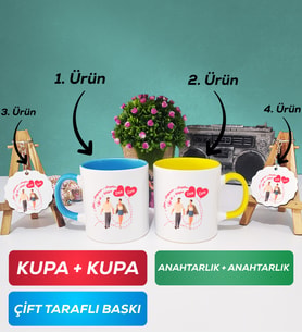 İkili Mavi Sarı Sevgiliye Sevgililer Günü Hediyesi 4 Kupa Bardak Anahtarlık