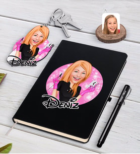 BK Gift Kişiye Özel Kadın Güzellik Uzmanı Karikatürlü Siyah Defter Kalem Ve Anahtarlık Hediye Seti-3 (Model 1)