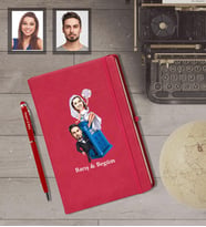 Kişiye Özel Gelin Damat Karikatürlü Kırmızı Defter Kalem Hediye Seti   Mod-3