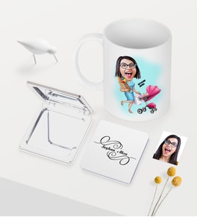 BK Gift Kişiye Özel Ev Hanımı Anne Karikatürlü Beyaz Kupa Ayna Seti - 1 (Model 1)