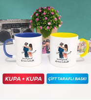 İkili Sevgiliye Hediye Bir Ömür Sevgililer Günü Hediyesi Kupa Bardak Lacivert Sarı