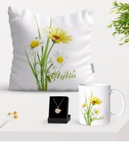 BK Gift Kişiye Özel Papatya Temalı Yastık Kupa Ve Papatya Kolye Hediye Seti-11 (Model 1)