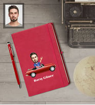 Kişiye Özel Sürücü Karikatürlü  Kırmızı Defter Kalem Hediye Seti Bay-1