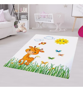 Sevmli Zürafa Doğa Desenli Dijital Baskı Yıkanabilir Kaymaz Taban Çocuk Bebek Odası Halısı  (Beyaz-Turuncu)