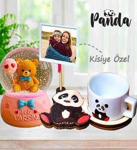 Kişiye Özel Fotoğraflı 3D Kupa & İyi Ki Varsın Balonlu Panda Işıklı Kar Küresi