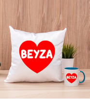 İsim Yazılı Kırmızı Kalpli Kare Yastık ve Mavi Kupa Bardak