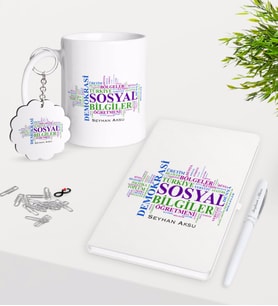 BK Gift Kişiye Özel Sosyal Bilgiler Öğretmeni Kupa Anahtarlık Beyaz Defter Kalem Hediye Seti-1 (Model 1)