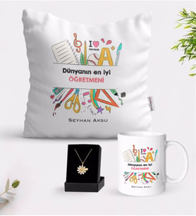 BK Gift Kişiye Özel Dünyanın En İyi Öğretmeni Beyaz Kupa Yastık ve İsimli Papatya Kolye Hediye Seti-13 (Model 1)