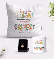 BK Gift Kişiye Özel Dünyanın En İyi Öğretmeni Beyaz Kupa Yastık ve İsimli Papatya Kolye Hediye Seti-13 (Model 1)