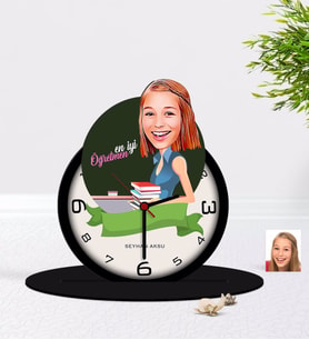 BK Gift Kişiye Özel Bayan En İyi Öğretmen Karikatürlü Ahşap Masaüstü Biblo Saat-1 (Beyaz)