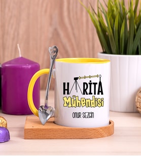 Harita Mühendisi Ahşap Altlıklı Sarı Kupa Bardak
