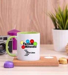 Yazılım Mühendisi Ahşap Altlıklı Mumlu Yeşil Kupa Bardak