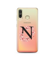 Pembe Çiçekli Harf Tasarım Süper Şeffaf Silikon Telefon Kılıfı Samsung A60 N-Har