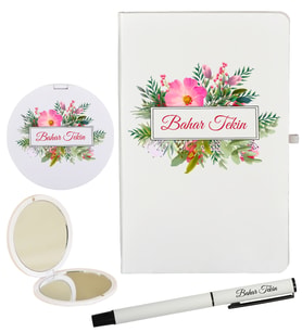 Kişiye Özel Şık Tasarımlı Hediye Beyaz Defter, Roller Kalem ve Ayna Seti
