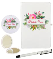 Kişiye Özel Şık Tasarımlı Hediye Beyaz Defter, Roller Kalem ve Ayna Seti