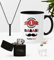BK Gift Kişiye Özel Dünyanın 1 Numaralı Babası Siyah Kupa Benzinli Çakmak Kolye Seti (Model 1)