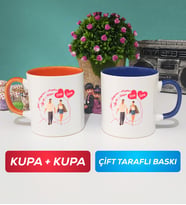 İkili Sevgiliye Sevgililer Günü Hediyesi 4 Kupa Bardak Turuncu Lacivert