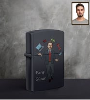 Kişiye Özel İş Adamı Karikatürlü UV Baskılı Siyah Benzinli Çakmak Bay-1
