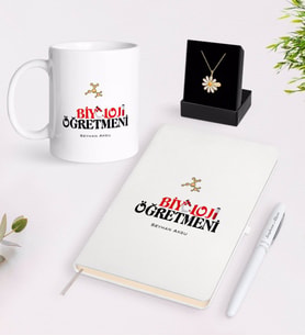 BK Gift Kişiye Özel Biyoloji Öğretmeni Beyaz Kupa Defter Kalem ve İsimli Papatya Kolye Hediye Seti (Model 1)