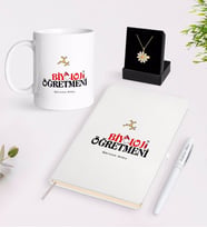 BK Gift Kişiye Özel Biyoloji Öğretmeni Beyaz Kupa Defter Kalem ve İsimli Papatya Kolye Hediye Seti (Model 1)