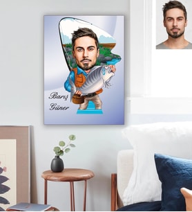Kişiye Özel Balıkçı Karikatürlü Ahşap Tablo 30x47 Bay-3