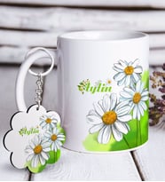BK Gift Kişiye Özel Papatya Tasarımlı Beyaz Kupa ve Anahtarlık Hediye Seti-7 (Model 1)