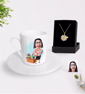 BK Gift Kişiye Özel Bayan Öğretmen Karikatürlü Türk Kahvesi Fincanı ve İsimli Papatya Kolye Hediye Seti-5 (Model 1)
