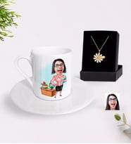 BK Gift Kişiye Özel Bayan Öğretmen Karikatürlü Türk Kahvesi Fincanı ve İsimli Papatya Kolye Hediye Seti-5 (Model 1)