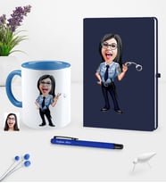 BK Gift Kişiye Özel Bayan Polis Karikatürlü Lacivert Defter Kalem Kupa Seti (Model 1)
