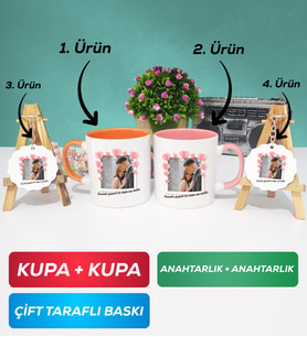 İkili Turuncu Pembe Sevgiliye Sevgililer Günü Hediyesi 12 Kupa Bardak Anahtarlık