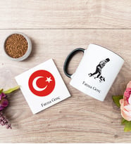 Atatürk Ve Türk Bayraklı Kupa Bardak Ve Bardak Altlığı Seti