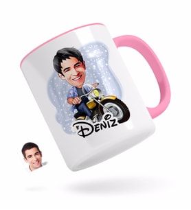 BK Gift Kişiye Özel Erkek Motorcu Karikatürlü Pembe Kupa Bardak-1