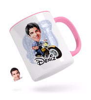 BK Gift Kişiye Özel Erkek Motorcu Karikatürlü Pembe Kupa Bardak-1