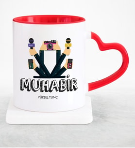BK Gift Kişiye Özel Mesleki Muhabir Kırmızı Kalpli Kupa Bardak
