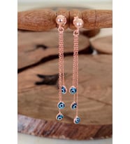 Nazar Boncuklu Roz Gümüş Küpe Zincirli Nazarlıklı Bayan Küpesi KUPE-406 (Rose)