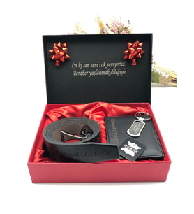 Mevsim Deri ® Kişiye Özel Deri Erkek Cüzdan Kemer Anahtarlık Set (Siyah)