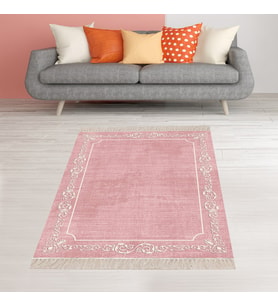 Çerçeve Desenli Dijital Baskı Yıkanabilir Kaymaz Taban Düz Salon Halı ve Yolluk (Pembe)