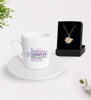 BK Gift Kişiye Özel Sosyal Bilgiler Öğretmeni Türk Kahvesi Fincanı ve İsimli Papatya Kolye Hediye Seti-1 (Model 1)