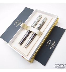 Parker IM Premium Desenli Kurşuni Metal Roller Kalem + Tükenmez Kalem  İsme Özel Kalem  Hediyelik Kalem