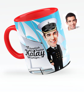 BK Gift Kişiye Özel Bay Deniz Kaptanı Karikatürlü Kırmızı Kupa Bardak  1